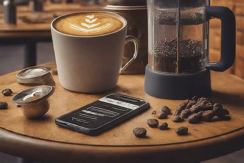 Taza de café latte con diseño de arte latte, cafetera de prensa francesa, teléfono inteligente y granos de café en una mesa de madera en una cafetería.
